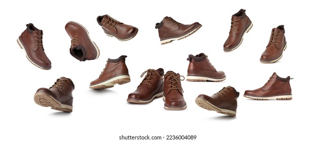 Brown leather boots, Men’s brown ankle boots in different angles and positions. Isolated on white background