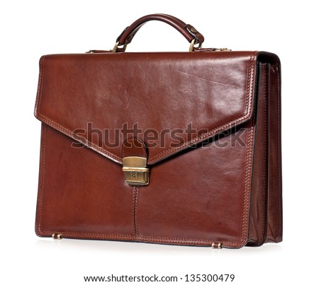 Brown leather briefcase with brass buckle, isolated on white background
