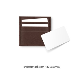 Brown Leather Card Holder With Blank White Card Mock Up Isolated. Business Credit Cards Mockup In Sleeve Cardholder Pocket. Clear Paper Visit Cards Branding Identity Wallet. Logo Design Presentation.