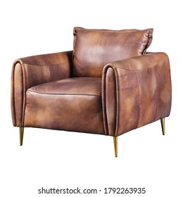 Brown Leather Club Chair Isolated On White. Front Side View Of Modern Accent Arm Chair. Lounge Armchair With Upholstered Wings Armrests And Seat Cushion & Metal Legs. Interior Furniture