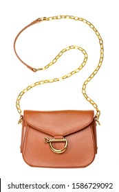 Brown Leather Fold Over Purse With Gold Chain Strap On White Background