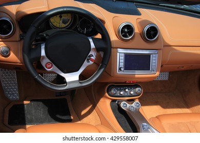 Brown Leather Interior Of A Luxury Italian Sports Car