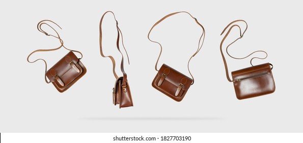 Brown leather ladies bag from different sides on a gray background. Creative background with flying bag. Women's fashion, clothing concept. Stylish female accessory. Handmade bag, genuine leather - Powered by Shutterstock