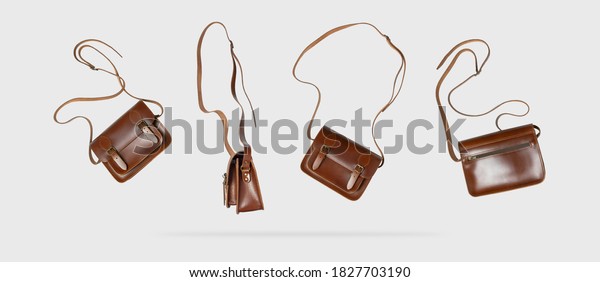 Brown leather ladies bag from different sides on\
a gray background. Creative background with flying bag. Women\'s\
fashion, clothing concept. Stylish female accessory. Handmade bag,\
genuine leather