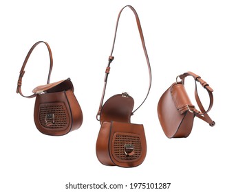 Brown leather ladies bags flying isolated on white background. Handmade leather purse hovering