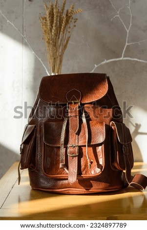 brown leather oldfashioned backpack. indoors photo