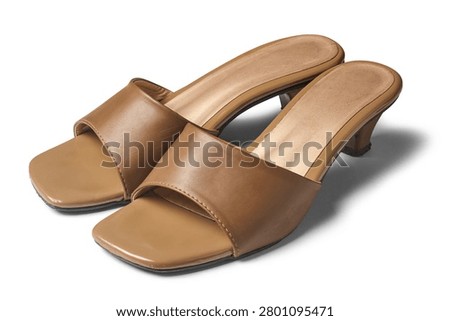 brown leather open toe low heel sandals isolated white background, pair of women slip on shoes in angle view with shadow