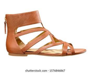 Brown Leather Open Toe Sandal With Ankle Cuff On White Background