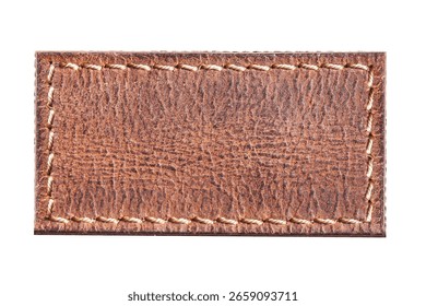 Brown leather patch isolated. Texture detail with stitched border. High resolution rectangle shape. Blank label for design. Classic material sample on white background. Textile element for mockups.