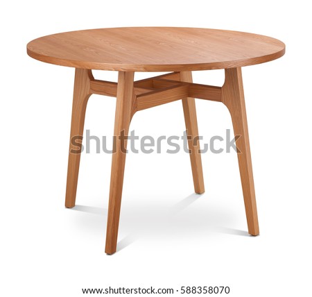 Brown, light brown wooden round dining table. Modern designer, dining table isolated on white background. Series of furniture.