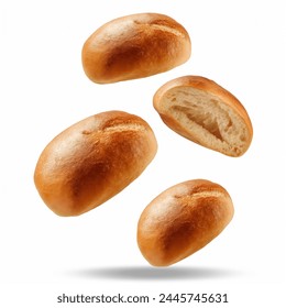 Brown loaf breads flying, isolated on white background. Freshly baked baguettes and loaf breads flying in air. small buns. Fresh baked loaf breads flying in air.  - Powered by Shutterstock