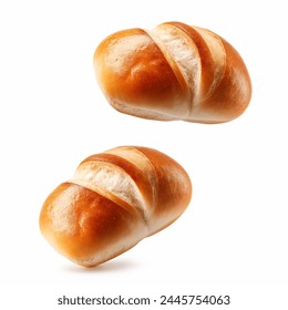 Brown loaf breads flying, isolated on white background. Freshly baked baguettes and loaf breads flying in air. small buns. - Powered by Shutterstock