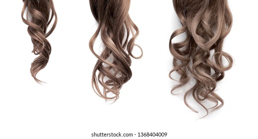 Brown Long Wavy Hair On A White Background. Growth Process Step By Step