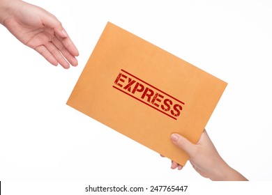 Brown mail package parcel wrap express delivery. Close-up Of Mailman Delivering Mail To Person Over White Background