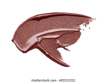 Brown Makeup Smear Of Lip Gloss Isolated On White Background. Brown Lipstick Texture Isolated On White Background