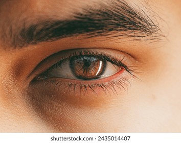 Brown man eye macro shot. Macro shot of a man's eyes.close up view of adult asian man eye with eyelashes and eyebrow looking in front confidently. - Powered by Shutterstock