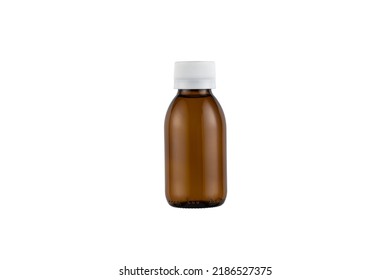 Brown medical bottle with white cap on white background.