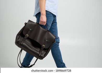 Brown Men's Shoulder Leather Bag For A Documents And Laptop Holds By Man In A Blue Shirt And Jeans With A White Background. Satchel, Mens Leather Handmade Briefcase.