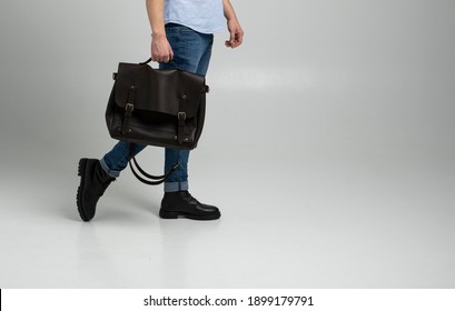 Brown Men's Shoulder Leather Bag For A Documents And Laptop Holds By Man In A Blue Shirt And Jeans With A White Background. Satchel, Mens Leather Handmade Briefcase.