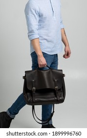 Brown Men's Shoulder Leather Bag For A Documents And Laptop Holds By Man In A Blue Shirt And Jeans With A White Background. Satchel, Mens Leather Handmade Briefcase.