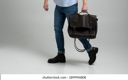 Brown Men's Shoulder Leather Bag For A Documents And Laptop Holds By Man In A Blue Shirt And Jeans With A White Background. Satchel, Mens Leather Handmade Briefcase.