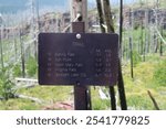 Brown metal trail sign on the hike to St Mary Falls in Glacier National park. Find your way.