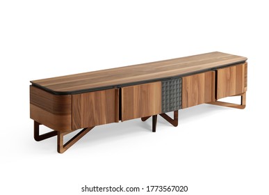 Brown Modern TV Table Wood On White Background . Corner View