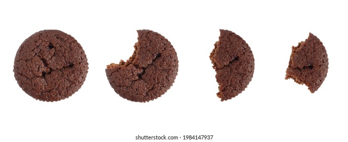 Brown muffin eating process.Bites,stages,steps. Isolated on white from above