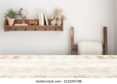 Brown, Neutral Bedroom Background. Perspective Table Background For Digital Product Mockups. Boys Or Gender Neutral Room.