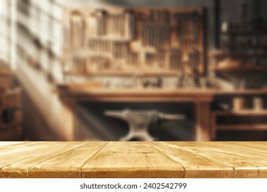Brown old desk of empty space for your decoration. Blurred background of workshop in home interior. Natural sun light and mood. Mockup and space for your products. 