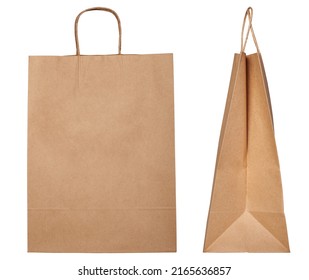 Brown paper bag. Front and side view. Isolated on a white background.