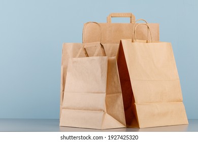 Brown Paper Bag With Handles, Empty Shopping Bag With Area For Your Logo Or Design, Food Delivery Concept