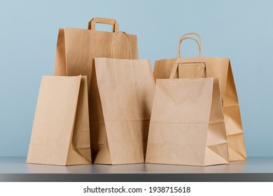 Brown Paper Bag With Handles, Empty Shopping Bag With Area For Your Logo Or Design, Food Delivery Concept