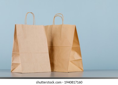 Brown Paper Bag With Handles, Empty Shopping Bag With Area For Your Logo Or Design, Food Delivery Concept