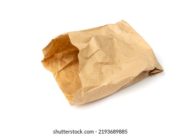 Brown paper bag isolated. Crumpled disposable ecology container, wrinkled paperbag, kraft paper bag on white background