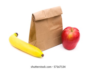 Brown Paper Bag Lunch Isolated On A White Background, Healthy Lunch