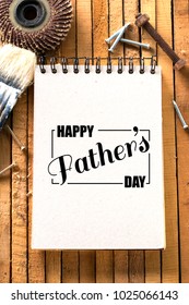 Brown Paper On Pine Wood Pallette Background With Sand Paper, Paint Brush ,screw And Nails, Diy Home Renovation Handy  Man Father's Day Housework Concept 