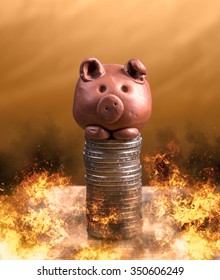 Brown Piggy Bank And Stack Of Coins With A Fire Below.