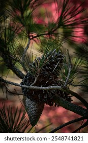 Brown pinecones on Pine tree branch with green Pineneedles