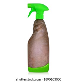 brown plastic bottle with blank label and green isolated cap on a white background
