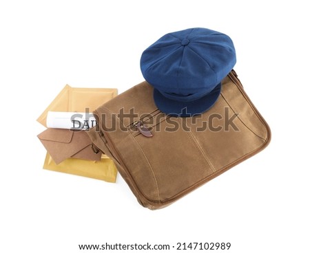 Brown postman's bag with hat, envelopes and newspaper on white background, top view