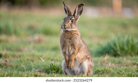 A brown rabbit standing on its hind legs, looking alert in a grassy field  - Powered by Shutterstock