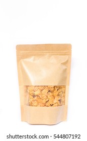 Brown Recyclable Paper Bag With Zip Lock. Paper Bag Containing Corn Flake Or Cereal Inside. Paper Bag Isolated On White Background