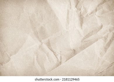 Brown Recycled Kraft Paper Crumpled Vintage Texture Background For Letter. Abstract Parchment Old Retro Page Grunge Blank Newspaper. Cream Pattern Rough Crease Grunge Surface Backdrop With Copy Space.