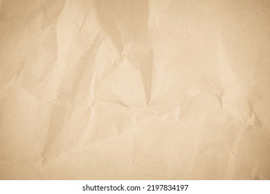 Brown Recycled Kraft Paper Crumpled Vintage Texture Background For Letter. Abstract Parchment Old Retro Page Grunge Blank Newspaper. Cream Pattern Rough Crease Grunge Surface Backdrop With Copy Space.