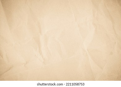 Brown Recycled Kraft Paper Crumpled Vintage Texture Background For Letter. Abstract Parchment Old Retro Page Grunge Blank Newspaper. Cream Pattern Rough Crease Grunge Surface Backdrop With Copy Space.