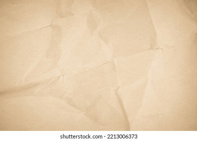 Brown Recycled Kraft Paper Crumpled Vintage Texture Background For Letter. Abstract Parchment Old Retro Page Grunge Blank Newspaper. Cream Pattern Rough Crease Grunge Surface Backdrop With Copy Space.