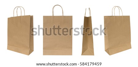 Brown recycled paper shopping bag set isolated on white background, clipping path included