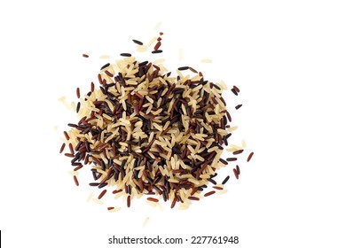 Brown, red and black rice mix on white background
