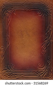 brown and red leathercraft tooled vintage book cover with texture and border
